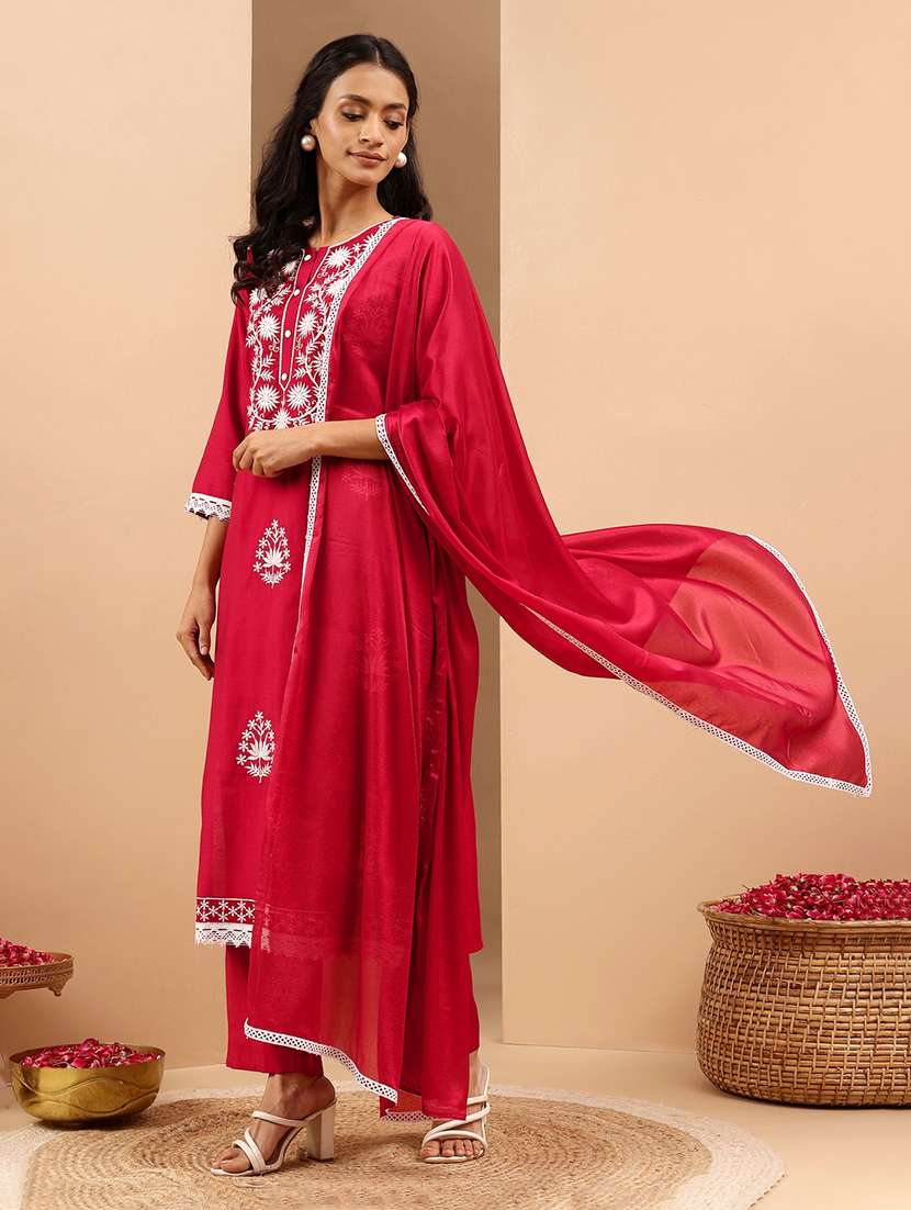 women embroidered three quarter sleeve kurta pant with dupatta set - 22156287 -  Standard Image - 2