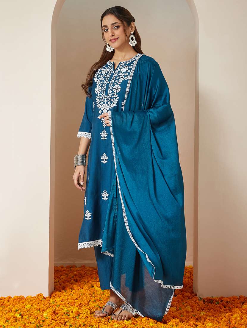 women embroidered three quarter sleeve kurta pant with dupatta set - 22156288 - Standard Image - 2