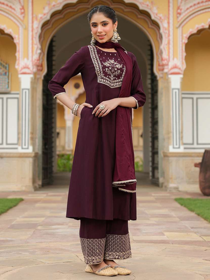 women embroidered three quarter sleeve kurta palazzo with dupatta set - 22156293 -  Standard Image - 2