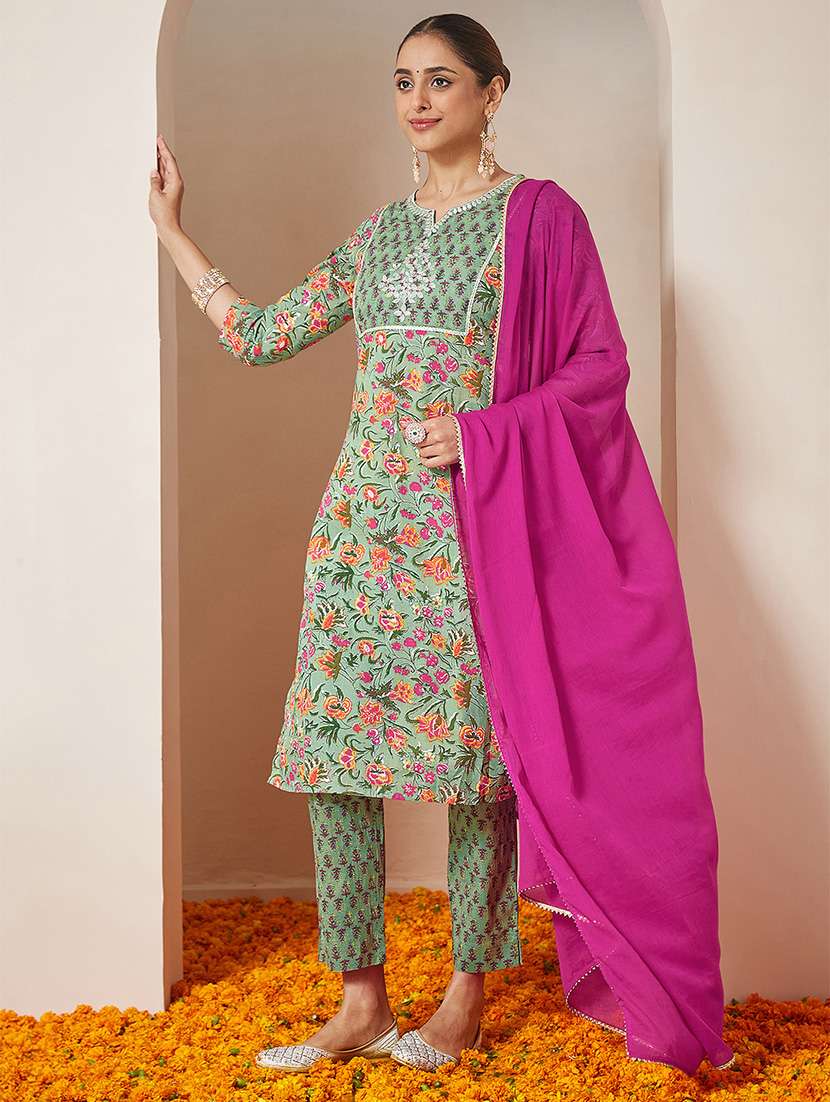 women embroidered three quarter sleeve kurta pant with dupatta set - 22156295 -  Standard Image - 2