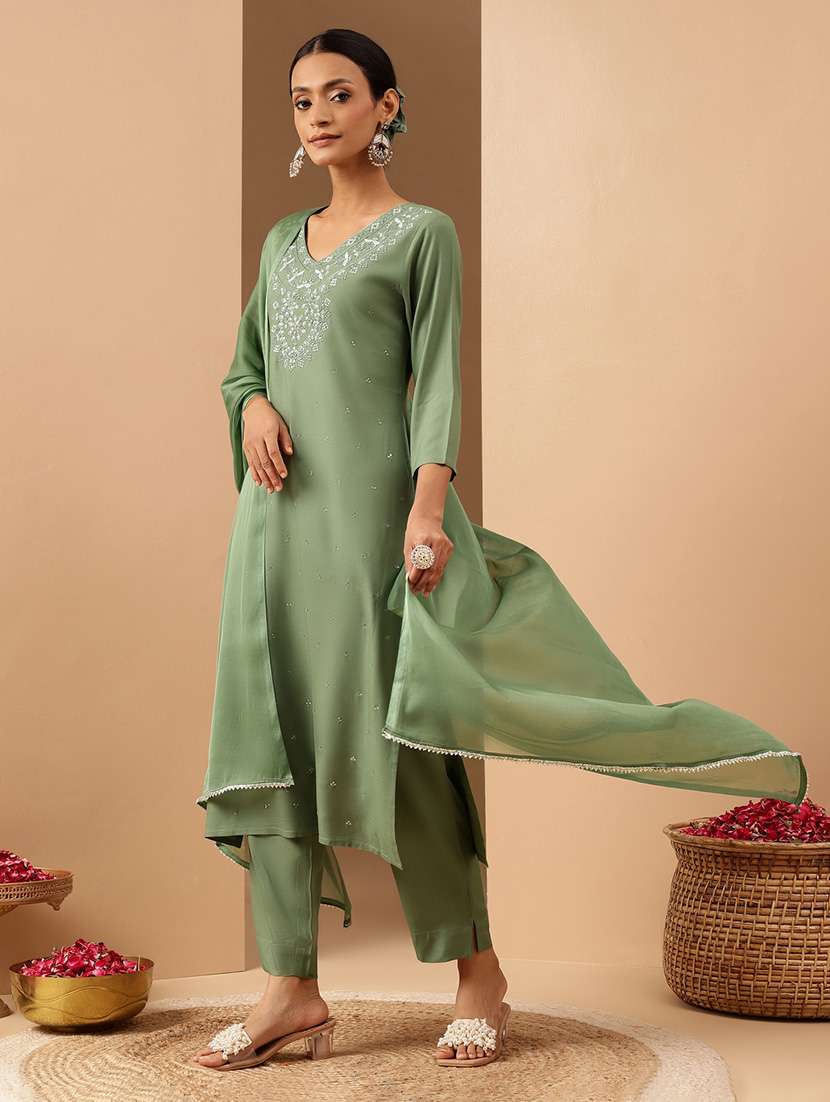 women embroidered three quarter sleeve kurta pant with dupatta set - 22156296 -  Standard Image - 2