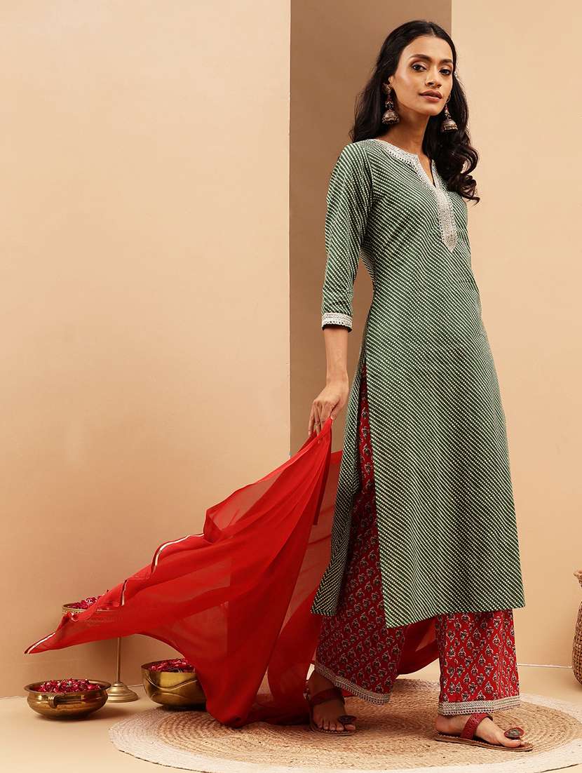 women leheriya three quarter sleeve kurta palazzo with dupatta set - 22156301 - Standard Image - 2