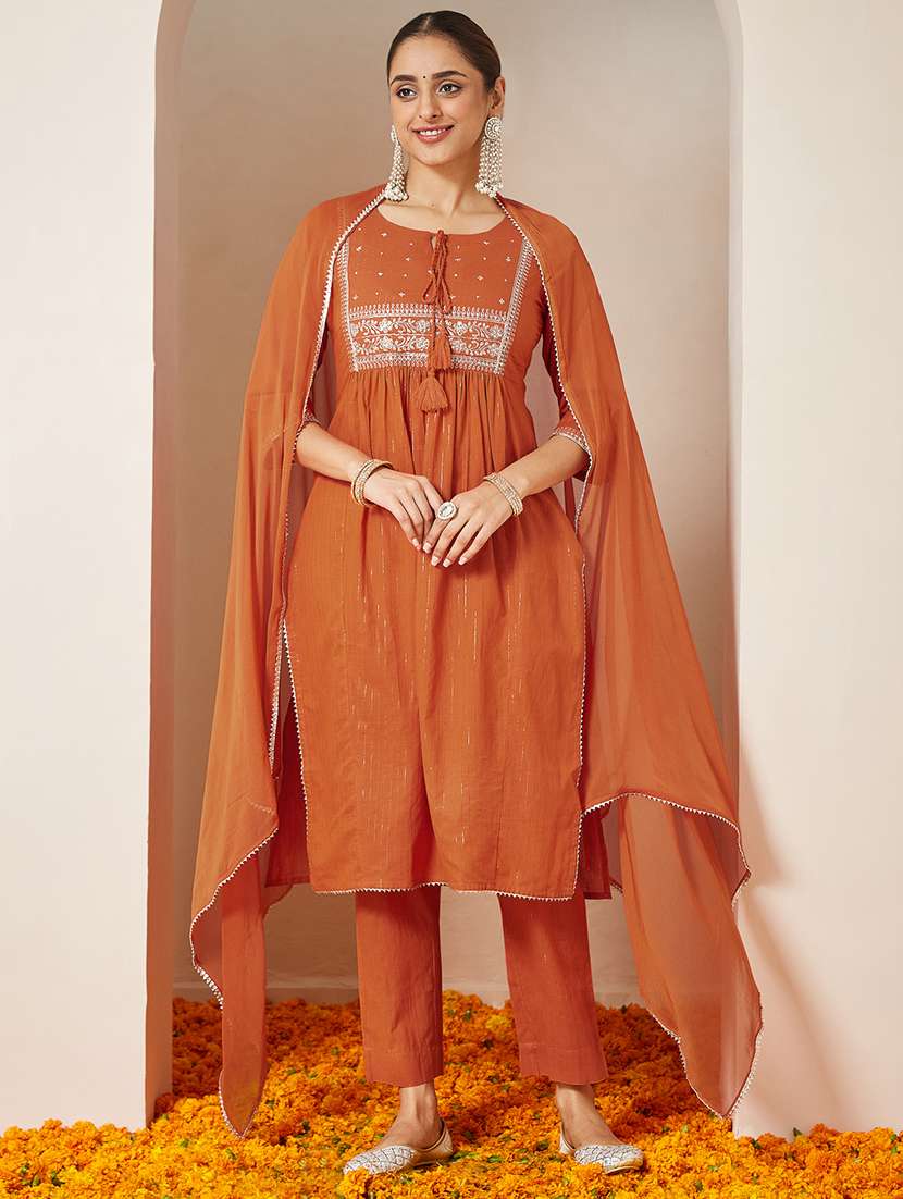 women embroidered three quarter sleeve kurta pant with dupatta set - 22156303 -  Standard Image - 2