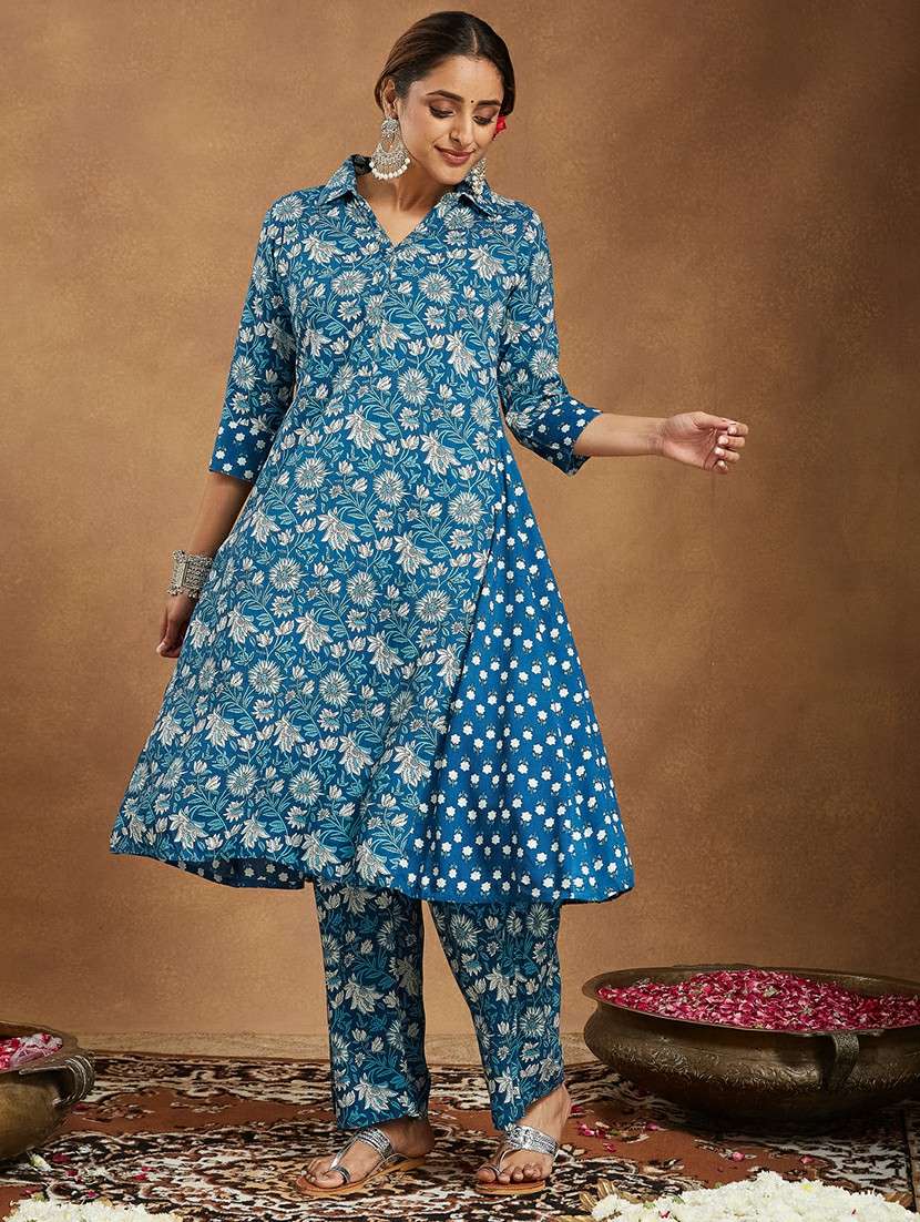 women floral three quarter sleeve kurta pant set - 22156317 -  Standard Image - 2