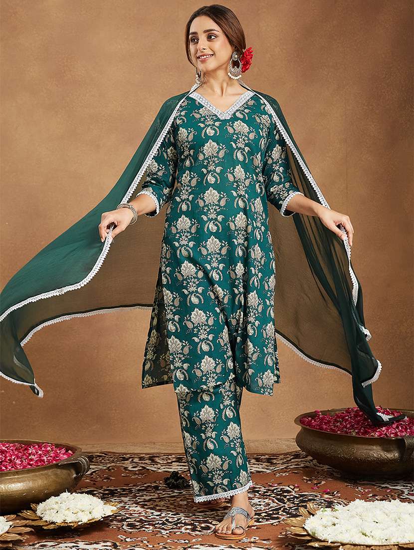 women printed three quarter sleeve kurta pant with dupatta set - 22156321 -  Standard Image - 2