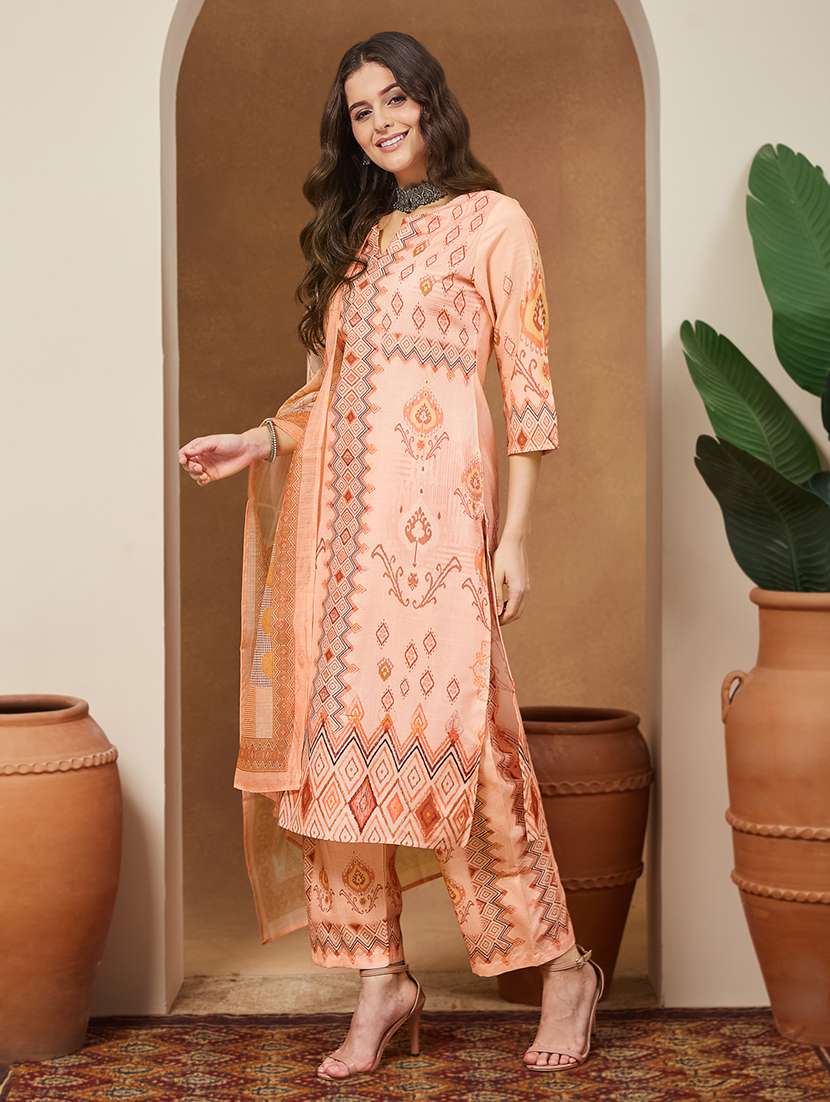 women geometric three quarter sleeve kurta pant with dupatta set - 22156337 -  Standard Image - 2