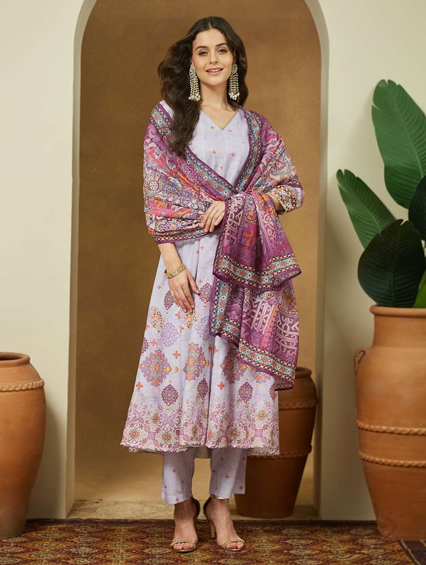 women printed three quarter sleeve kurta pant with dupatta set - 22156340 -  Standard Image - 2