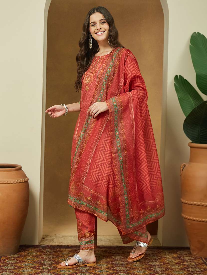 women printed three quarter sleeve kurta pant with dupatta set - 22156344 -  Standard Image - 2