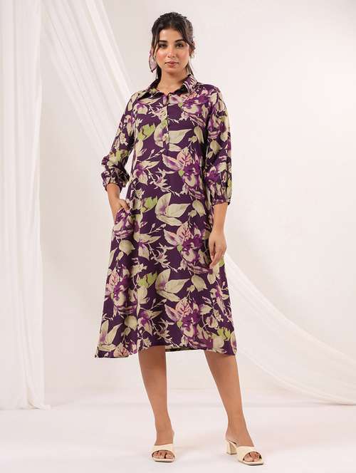 women printed three quarter sleeve a-line dress - 22156349 -  Standard Image - 0