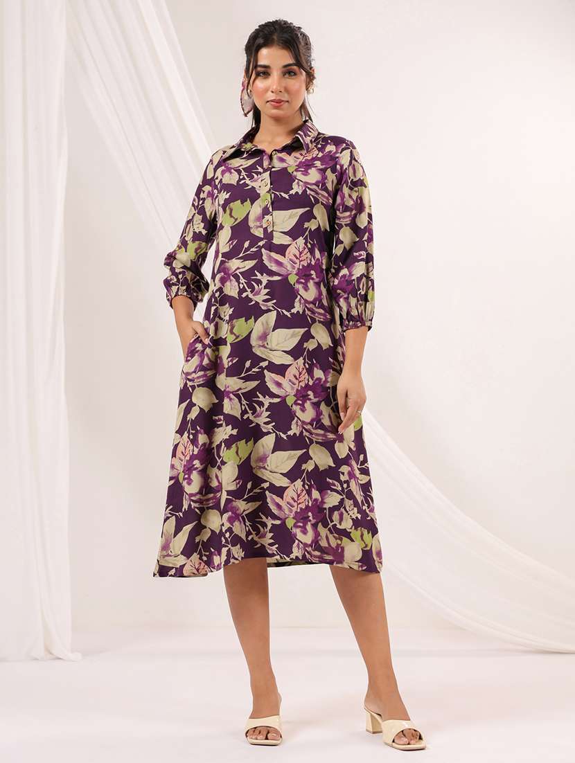 women printed three quarter sleeve a-line dress