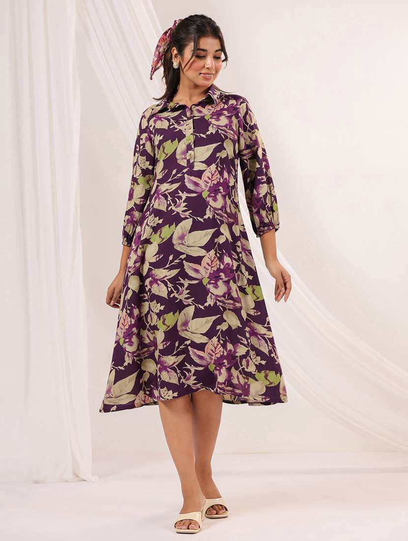 women printed three quarter sleeve a-line dress - 22156349 -  Standard Image - 2
