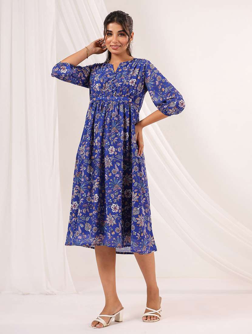 women floral print puff sleeve a-line dress