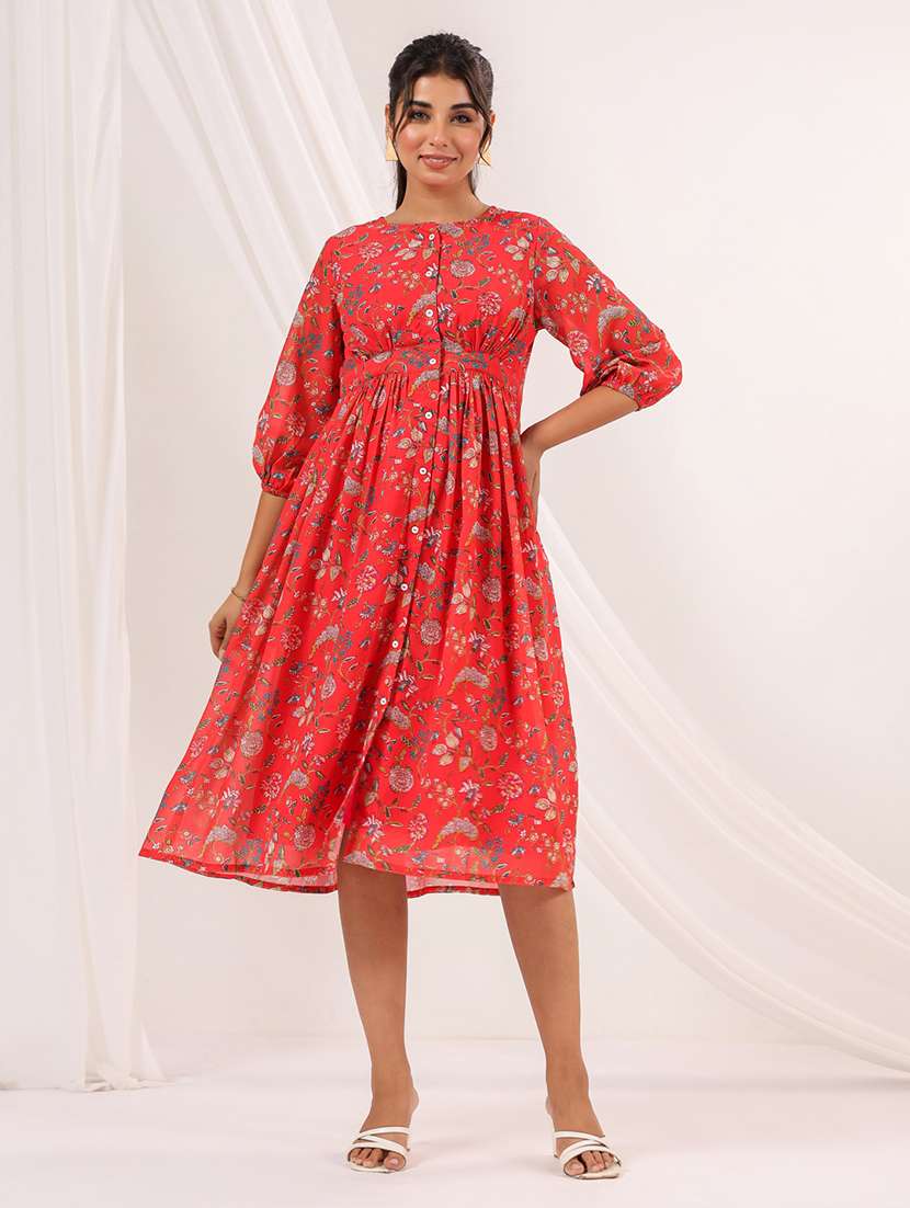 women printed puff sleeve fit & flare dress