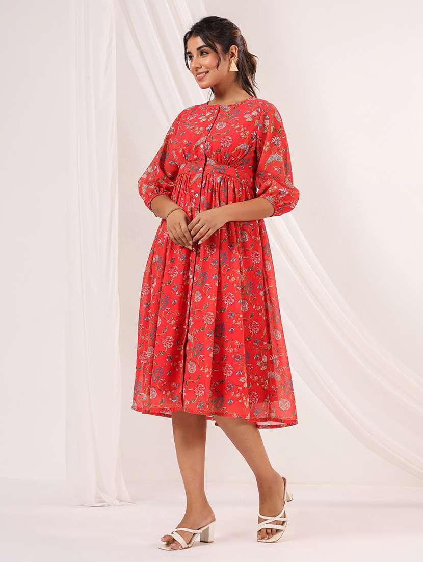 women printed puff sleeve fit & flare dress - 22156351 -  Standard Image - 2