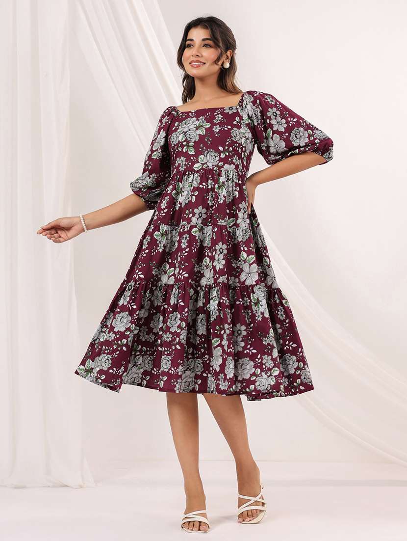 women floral printed puff sleeve tiered dress - 22156365 -  Standard Image - 2