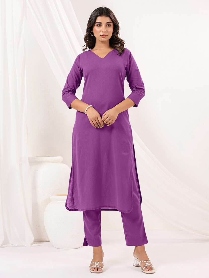 women solid three quarter sleeve kurta pant set
