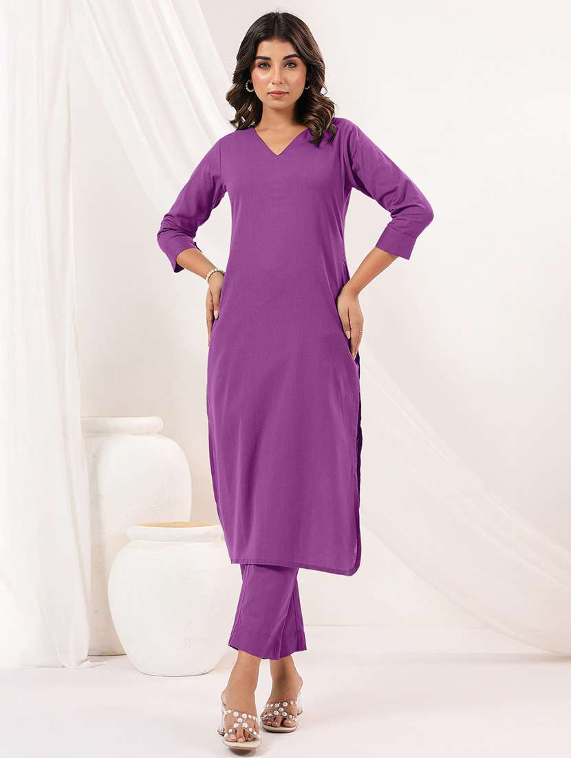 women solid three quarter sleeve kurta pant set - 22156371 -  Standard Image - 2