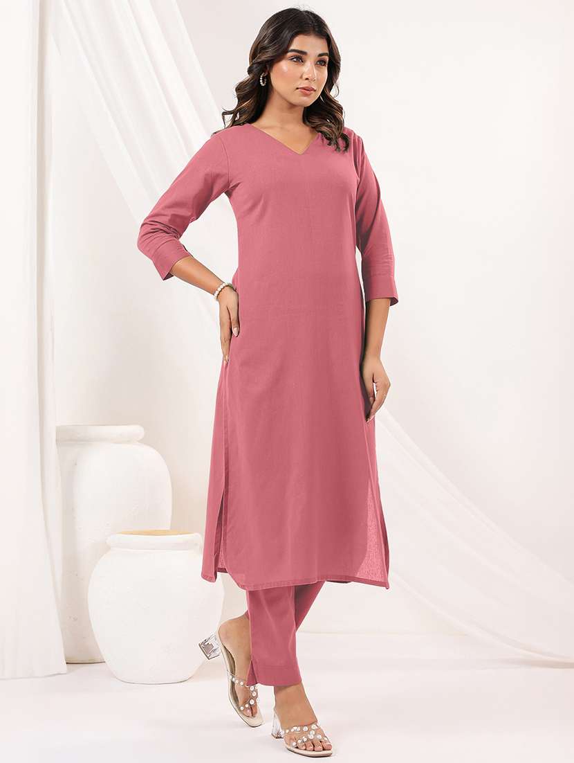 women solid three quarter sleeve kurta pant set - 22156372 - Standard Image - 2