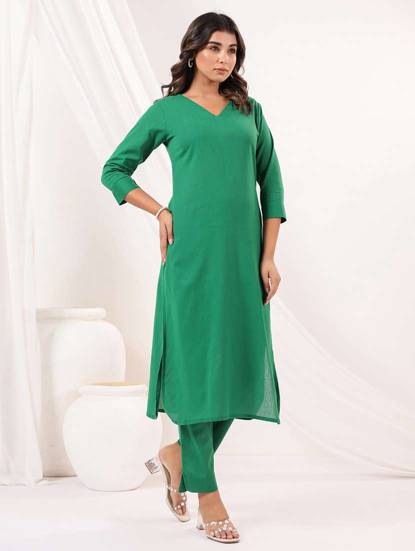 women solid three quarter sleeve kurta pant set - 22156373 - Standard Image - 2