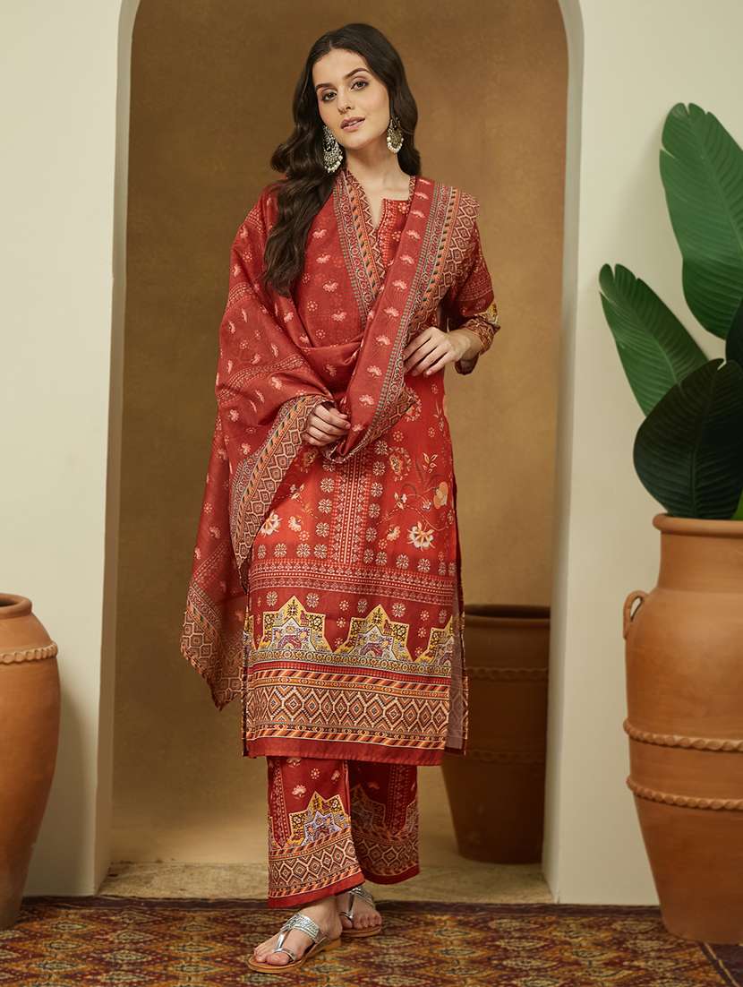 women floral three quarter sleeve kurta pant with dupatta set - 22156378 -  Standard Image - 2