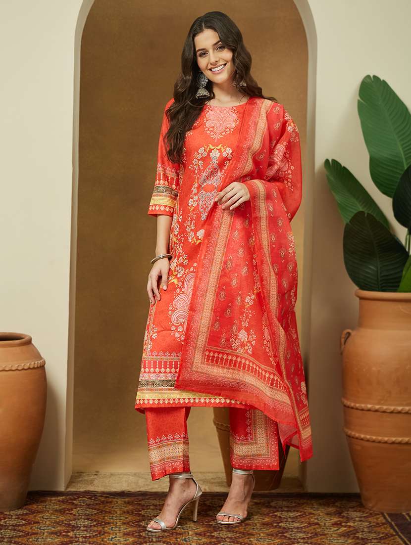 women printed three quarter sleeve kurta pant with dupatta set - 22156381 -  Standard Image - 2