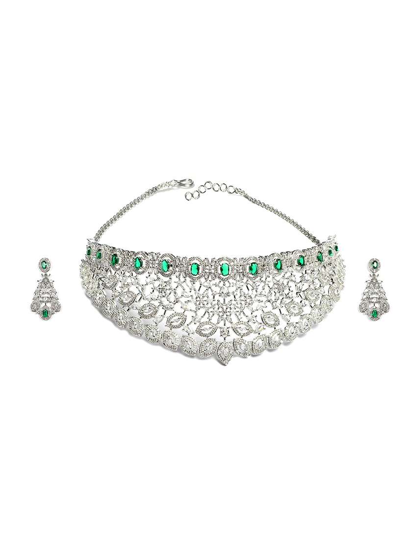 silver plated cubic zirconia bridal necklace with earrings and maangtika - 22157479 -  Standard Image - 2