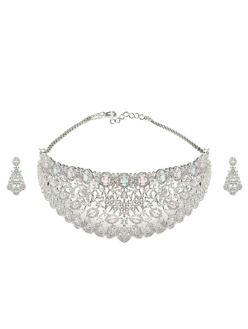 silver plated cubic zirconia bridal necklace with earrings and maangtika - 22157480 -  Standard Image - 2