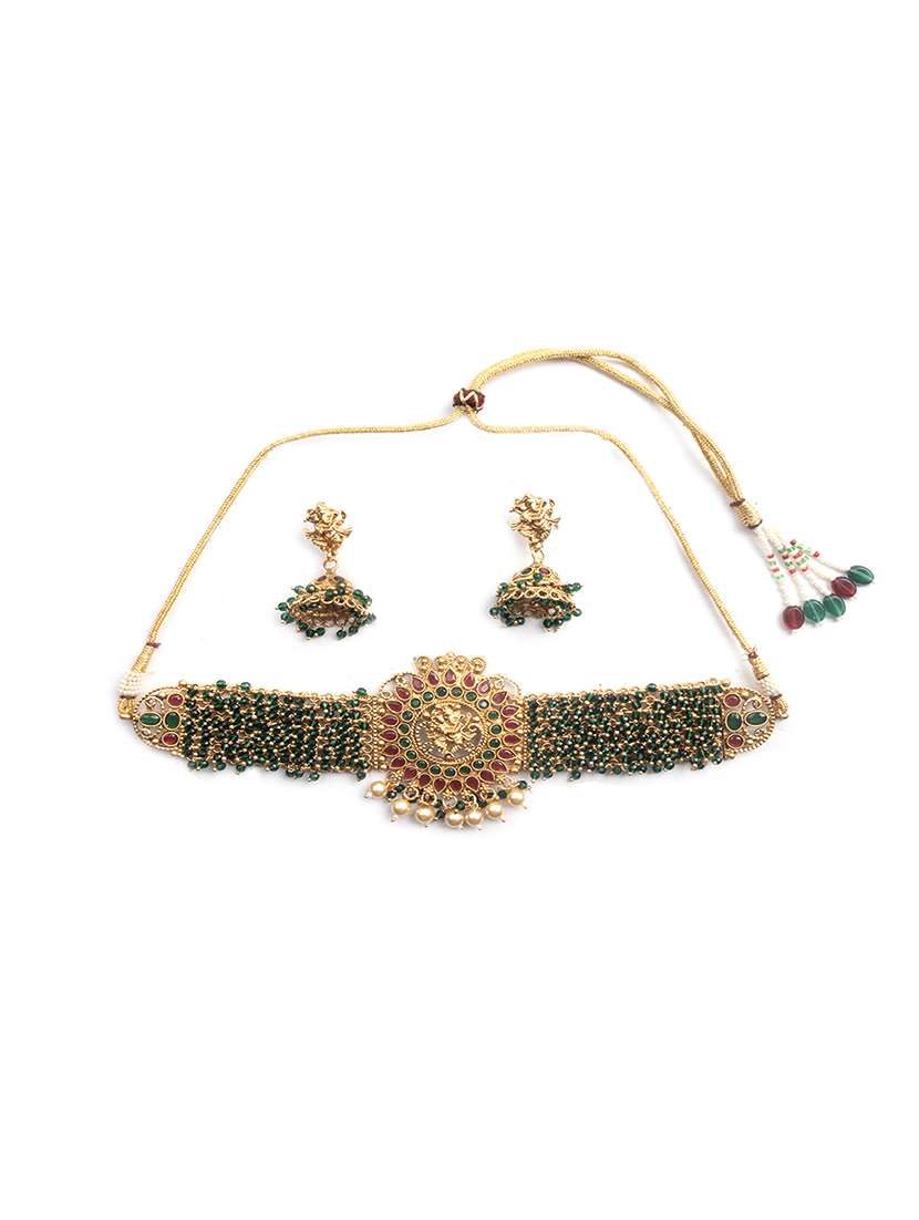 precious gold plated ganapati green hydra beads necklace set - 22157533 -  Standard Image - 2