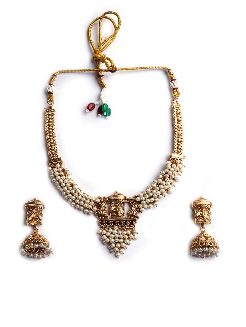 gold plated white hydra beads barati necklace set - 22157563 -  Standard Image - 2