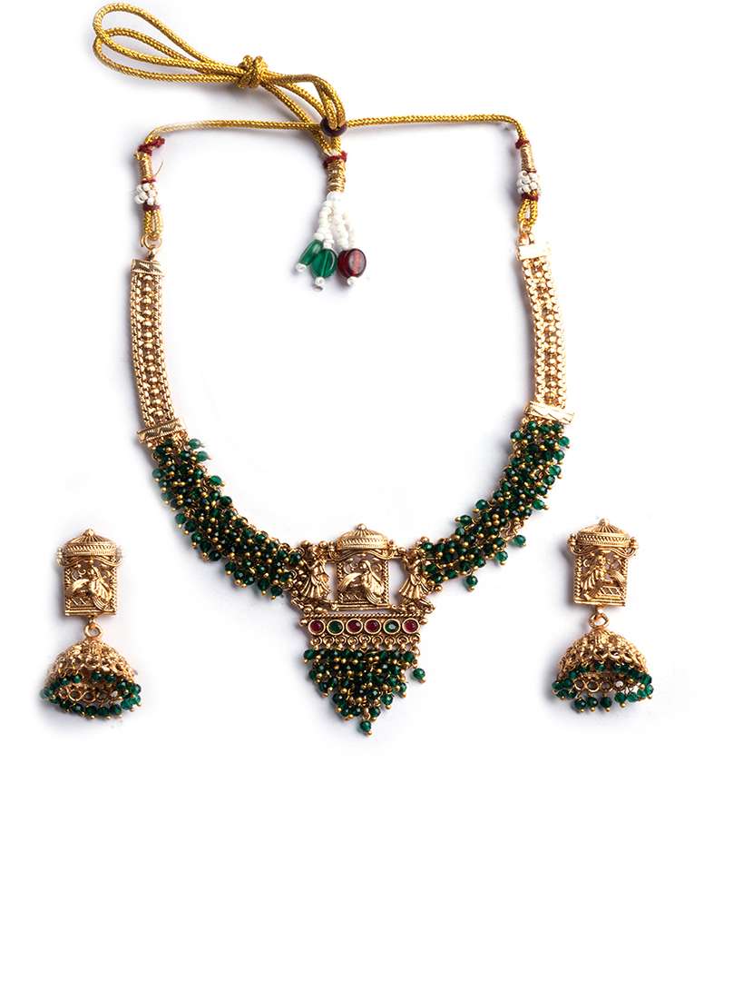 gold plated green hydra beads barati necklace set - 22157565 -  Standard Image - 2