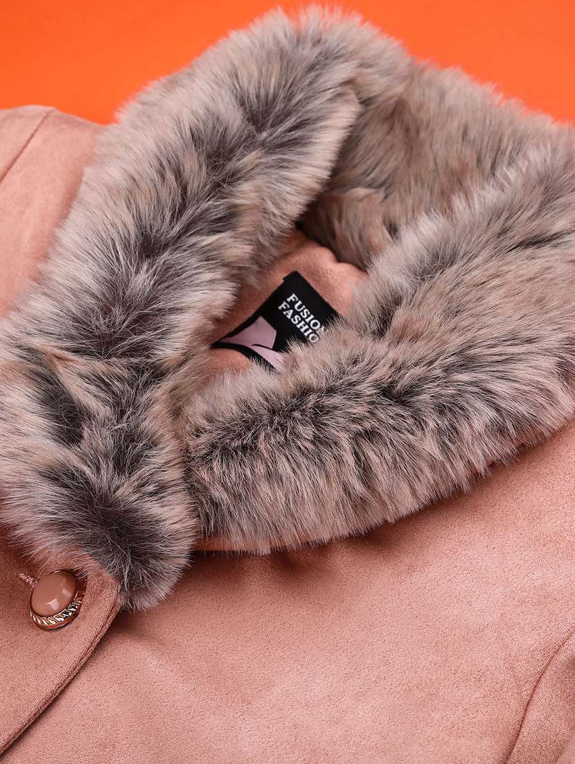 girls solid long sleeve regular fur detailed jacket - 22158446 -  Standard Image - 2