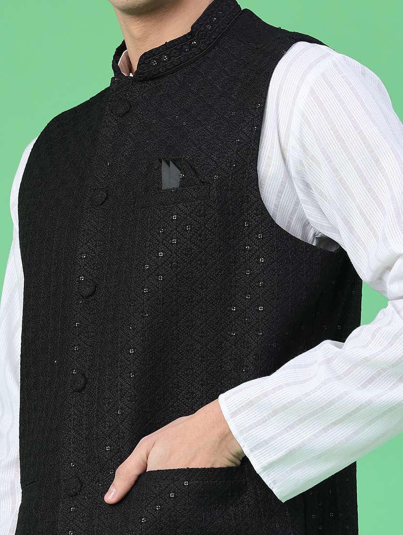 men solid with work mandarin neck regular fit nehru jacket - 22158516 -  Standard Image - 2
