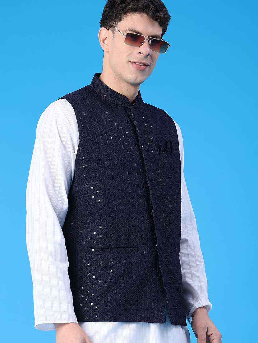 men solid with work mandarin neck regular fit nehru jacket
