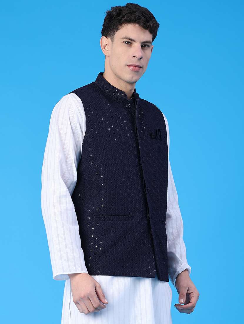 men solid with work mandarin neck regular fit nehru jacket - 22158519 -  Standard Image - 2