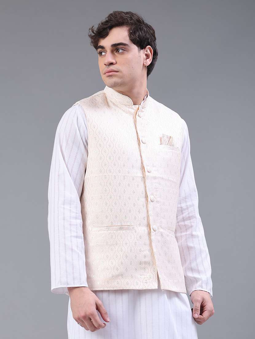 men solid with work mandarin neck regular fit nehru jacket - 22158521 -  Standard Image - 2