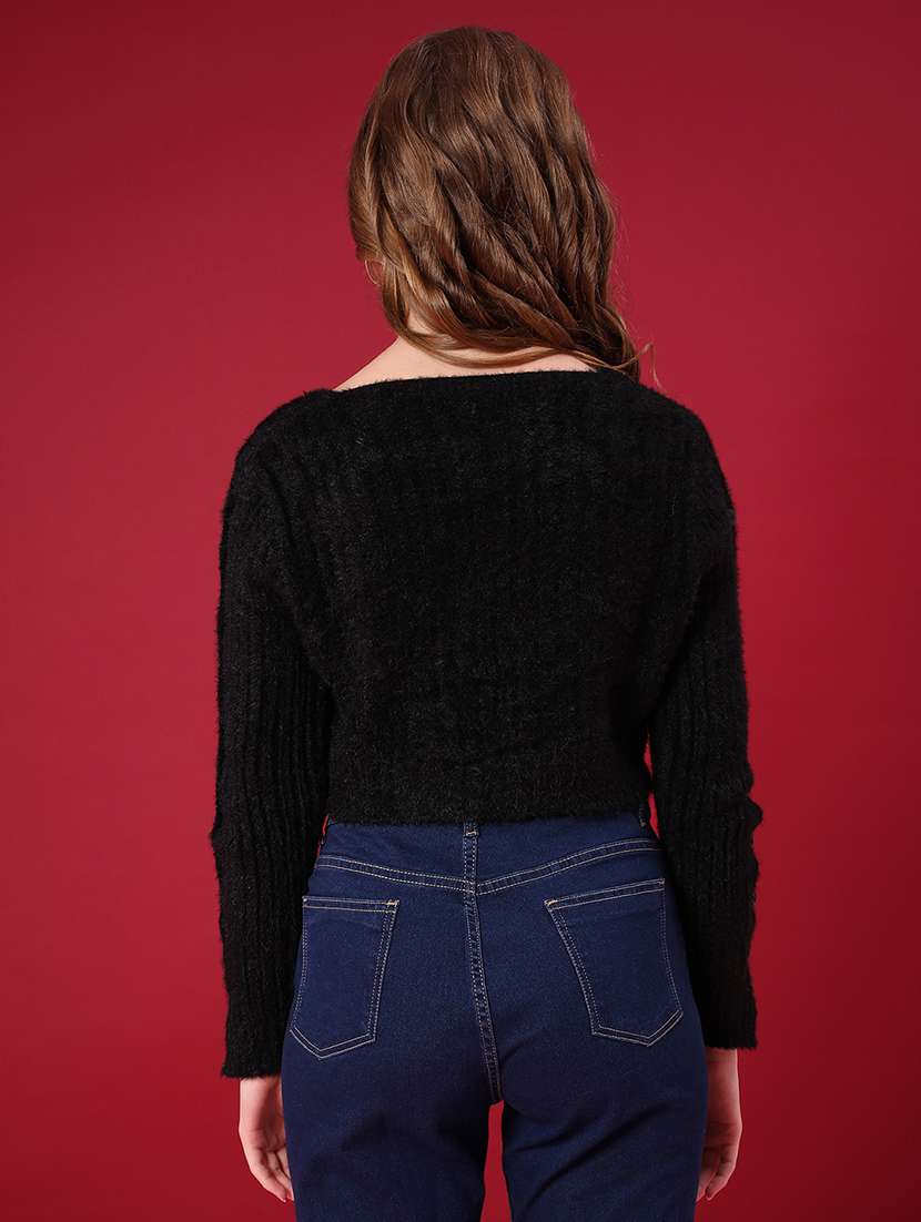 women solid long sleeve crop pullover - 22158550 -  Standard Image - 2