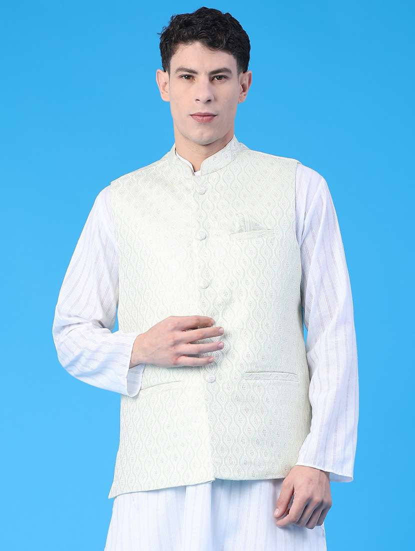 men solid with work mandarin neck regular fit nehru jacket - 22159624 -  Standard Image - 2