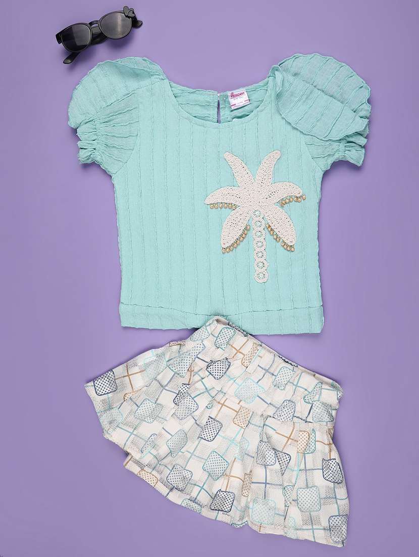 kids blue polyester skirt top twin sets & jump suit