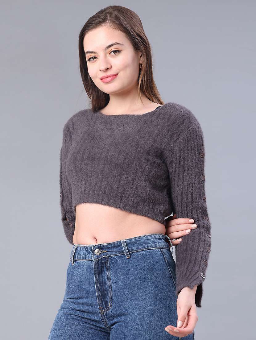 women solid long sleeve cropped pullover - 22160149 -  Standard Image - 2