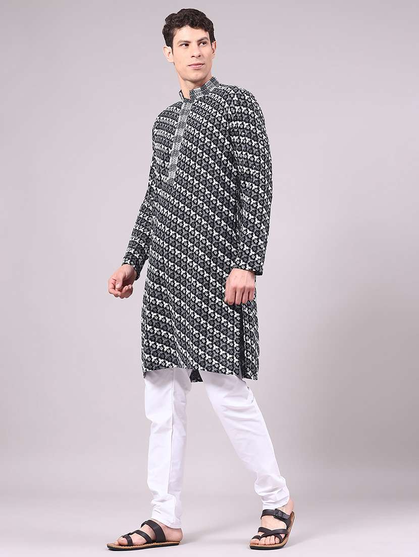 men solid with work mandarin neck kurta churidar ethnic wear set - 22160372 -  Standard Image - 2
