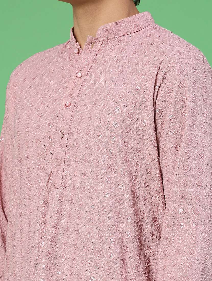men solid with work mandarin neck kurta churidar ethnic wear set - 22160374 -  Standard Image - 2