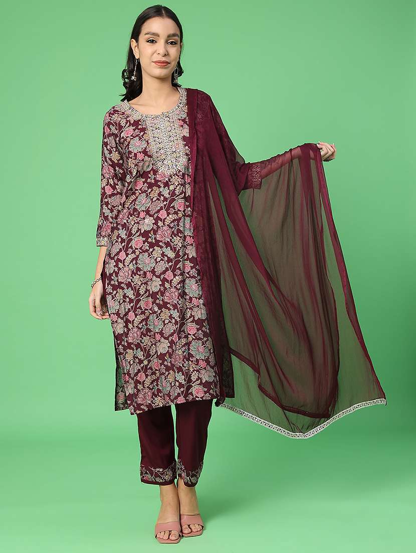 women floral three quarter sleeve kurta pant with dupatta set