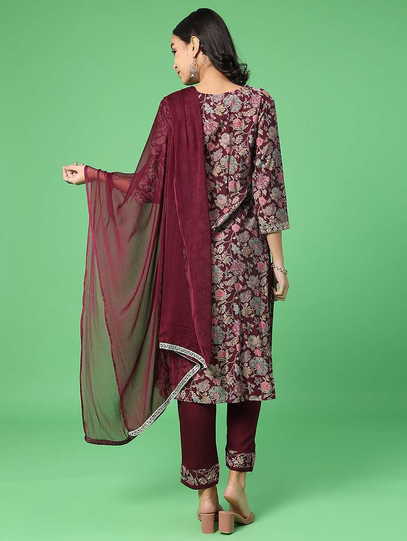 women floral three quarter sleeve kurta pant with dupatta set - 22160390 -  Standard Image - 2