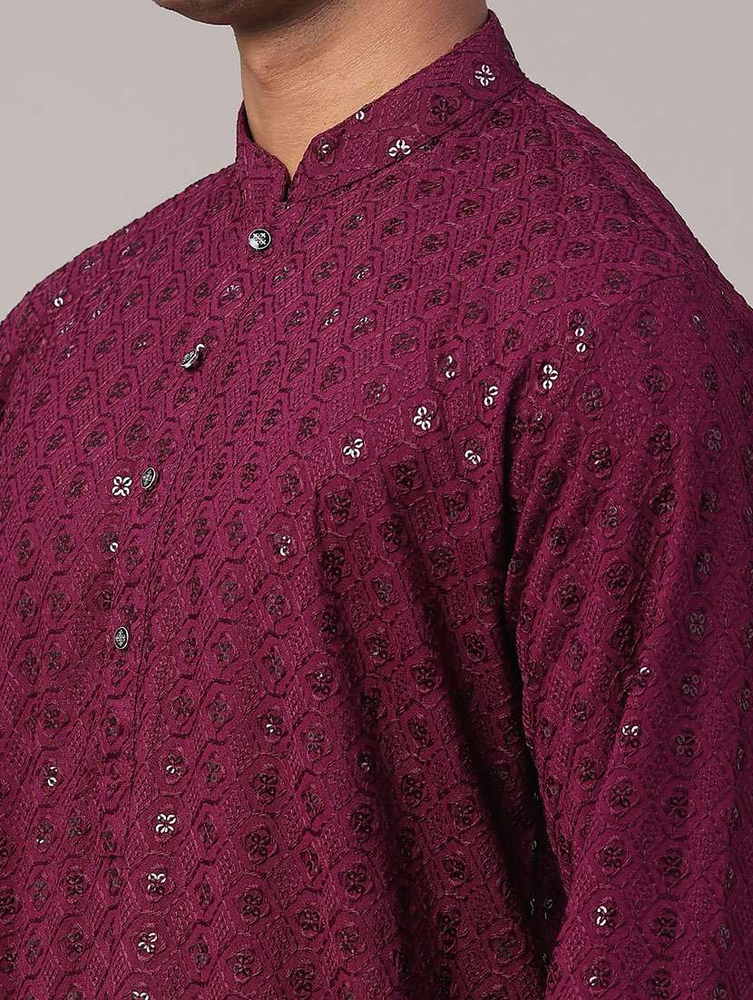 Men Solid With Work Mandarin Neck Kurta Churidar Ethnic Wear Set - 22160410 -  Standard Image - 2