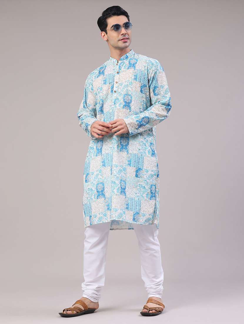 men printed mandarin neck kurta churidar ethnic wear set