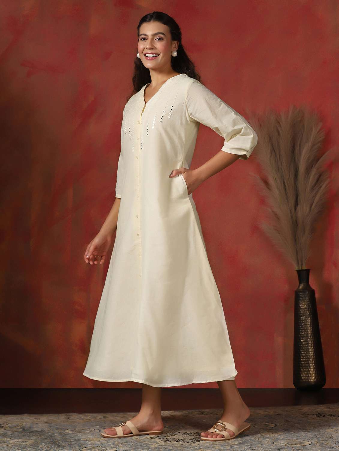 women embroidered three quarter sleeve a-line ethnic dress - 22161020 -  Standard Image - 2