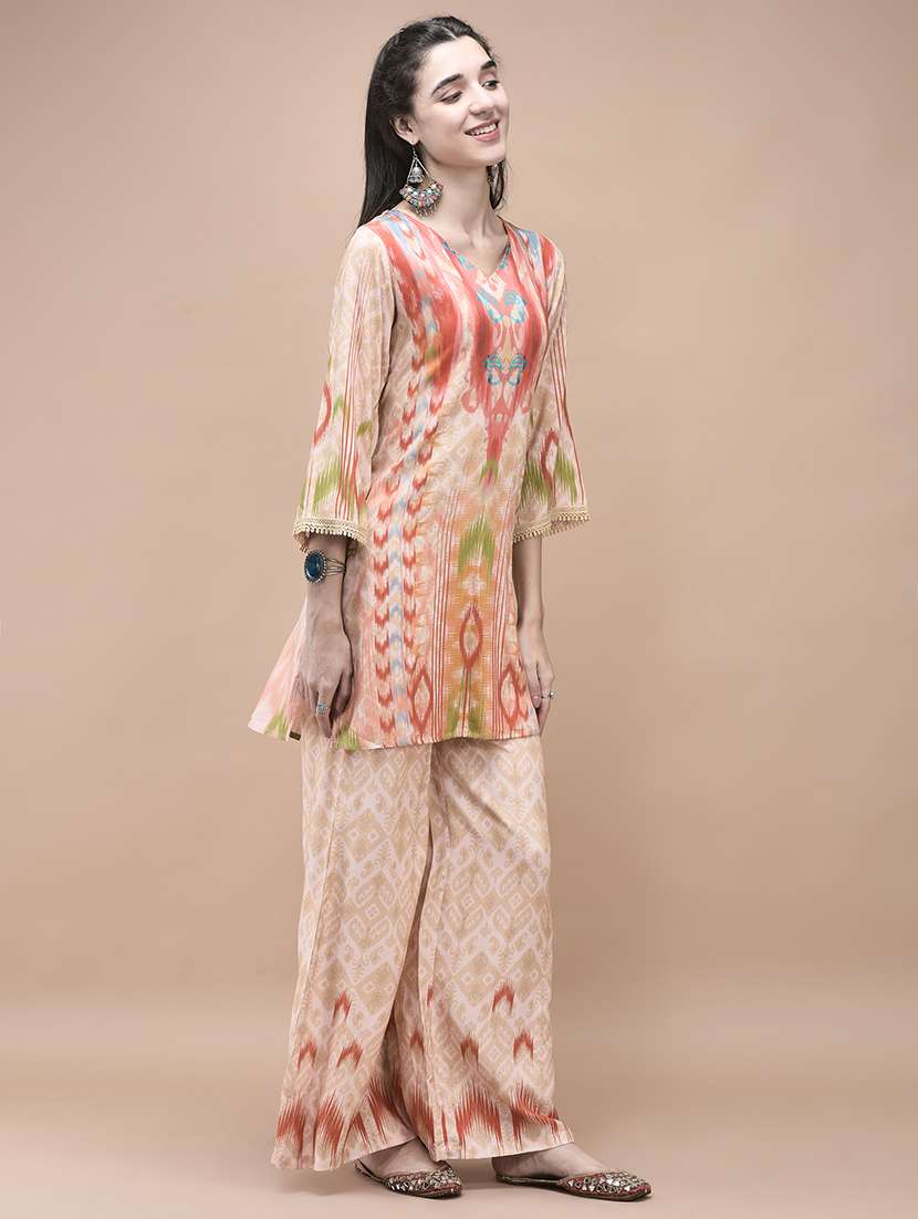 women three quarter sleeve regular fit ethnic co-ord set - 22161031 - Standard Image - 2