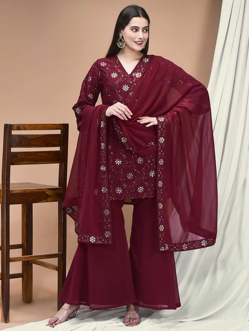 women embroidered three quarter sleeve kurta sharara with dupatta set