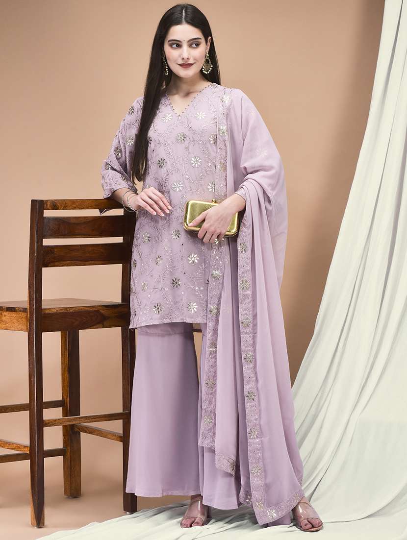 women embroidered three quarter sleeve kurta sharara with dupatta set