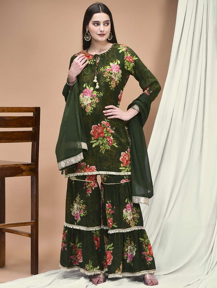 women floral three quarter sleeve kurta sharara with dupatta set